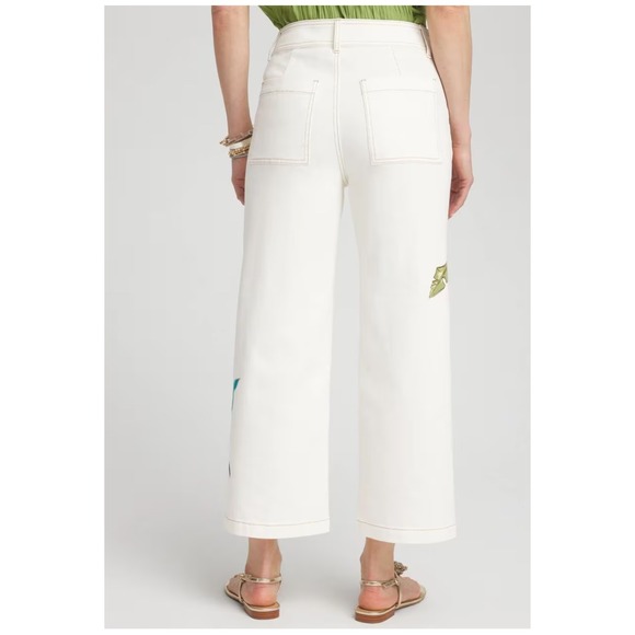 Chicos Size 3 US 16 White‎ Wide Leg Crop Trousers Tropical Leaf Print Cropped - Picture 3 of 12